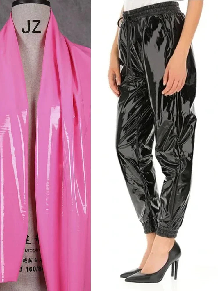 Pantalon Cargo en Similicuir Brillant à Taille Élastique