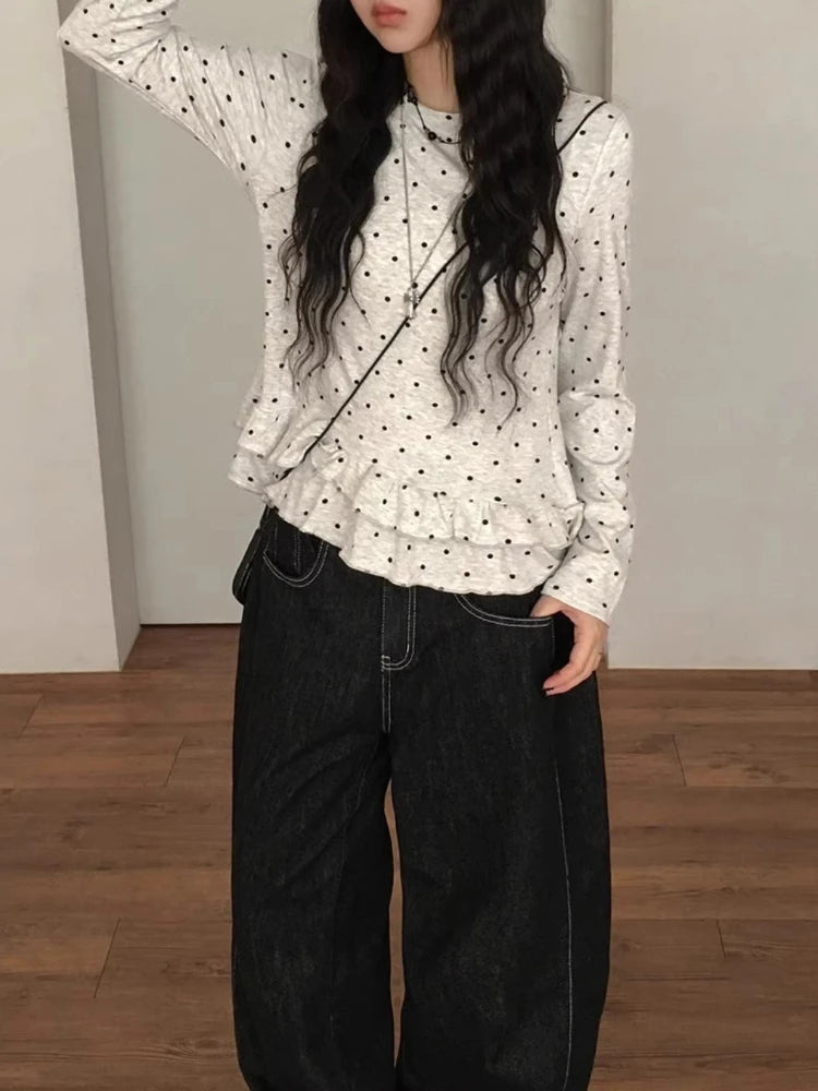 T-shirt à Pois Femme – Manches Longues et Finitions à Volants