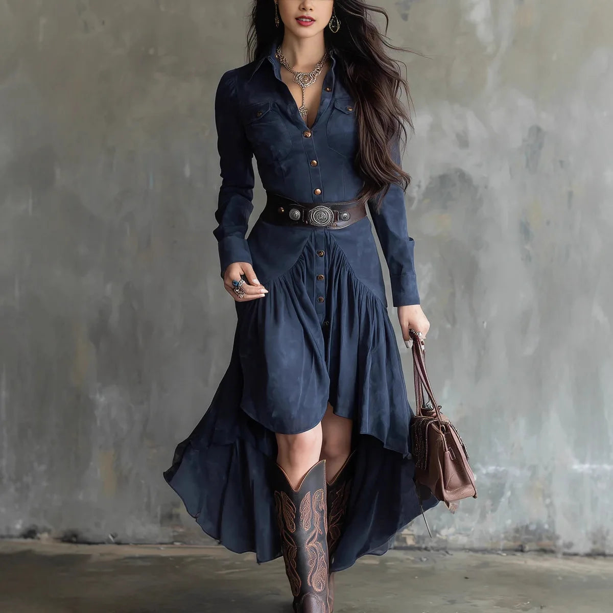 Robe de Soirée Longue Femme – Effet Daim et Ceinture