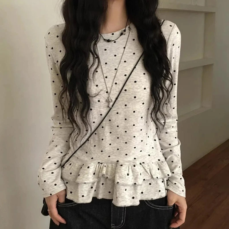 T-shirt à Pois Femme – Manches Longues et Finitions à Volants