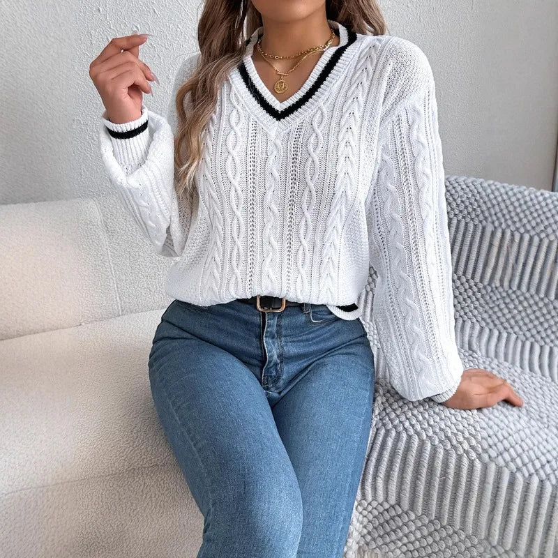 Pull Ample Torsadé Femme – Col V et Color Block