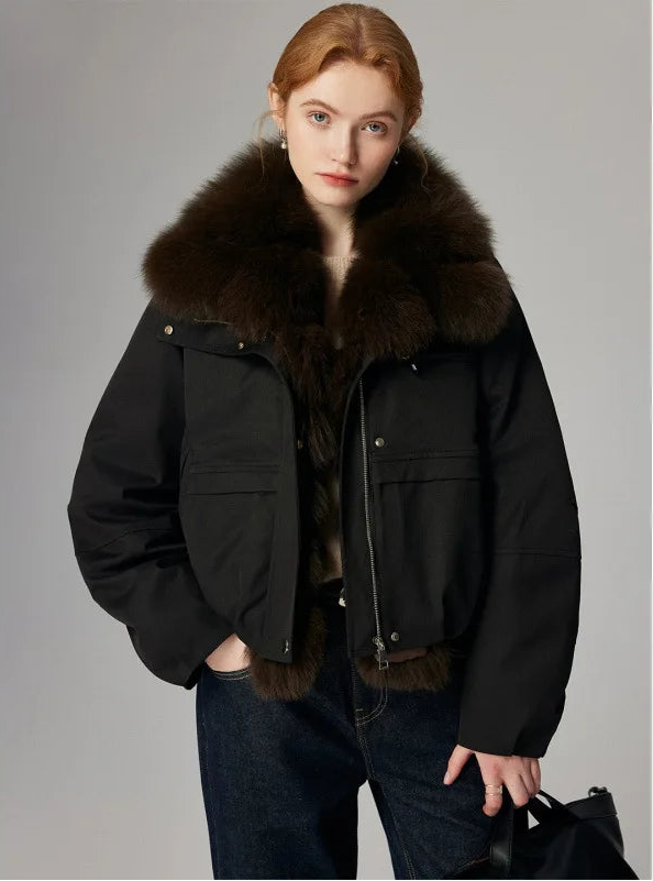 Manteau Court d’Hiver Femme – Col Effet Fourrure