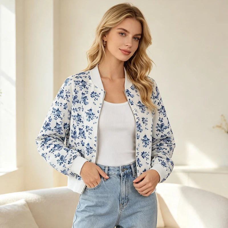 Bomber Vintage Bleu Femme – Imprimé Floral