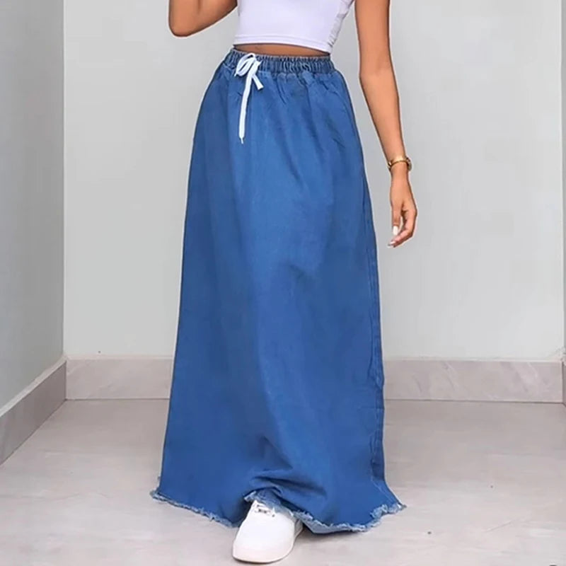 Jupe femme longue en jean bleu rétro