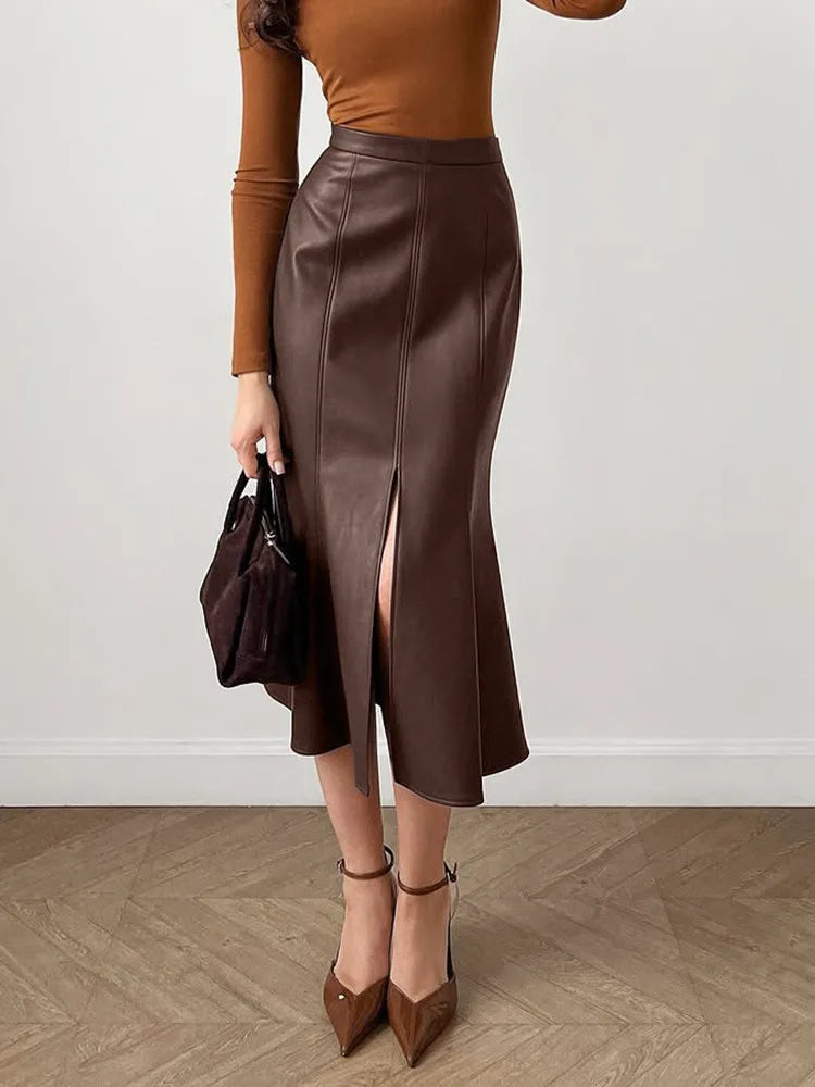 Jupe Midi Femme Effet Cuir à Coupe Sirène