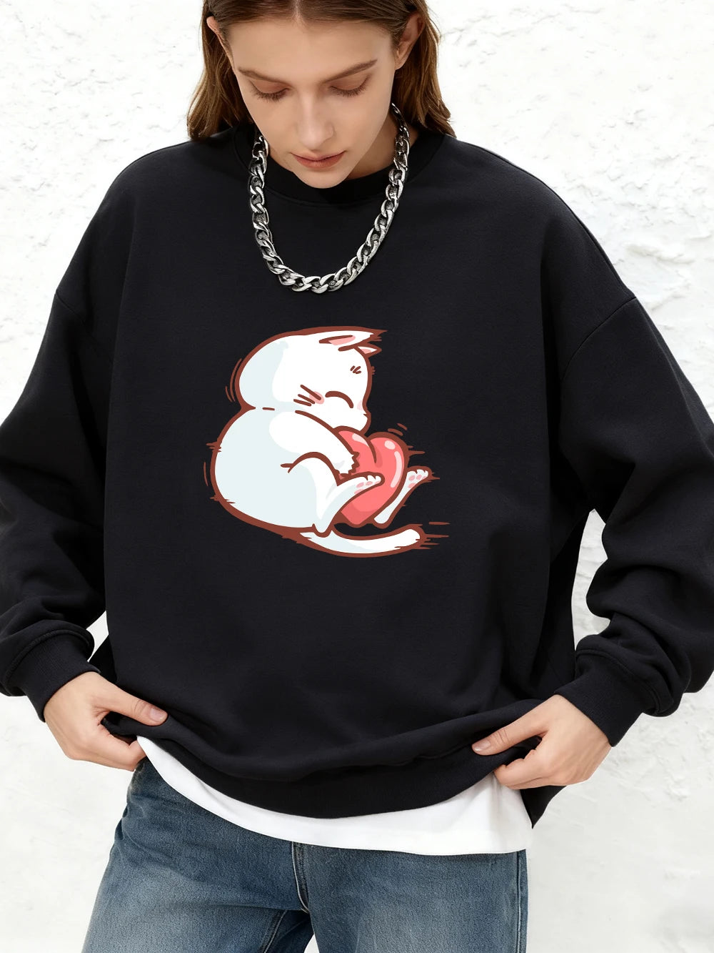Sweat-Shirt Femme – Imprimé Chat et Cœur Rouge