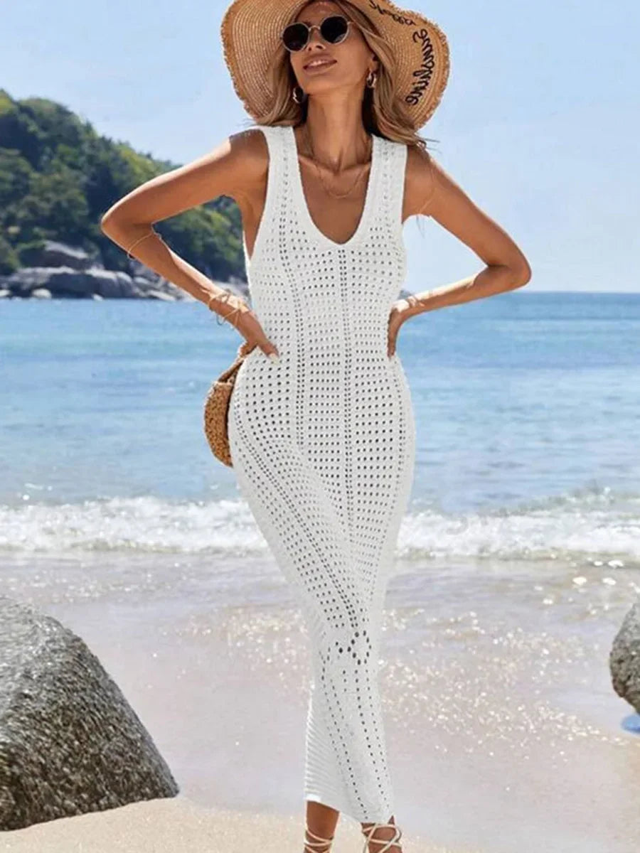 Robe Longue de Plage Femme – Col V et Maille Ajourée