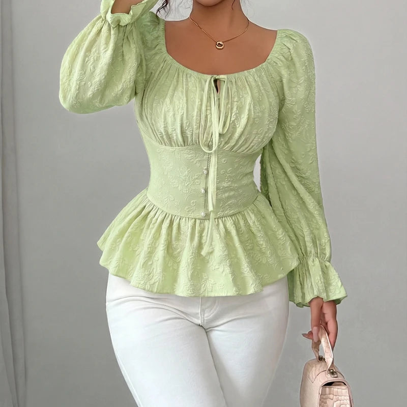 Chemise Jacquard Rose Femme – Col U et Laçage