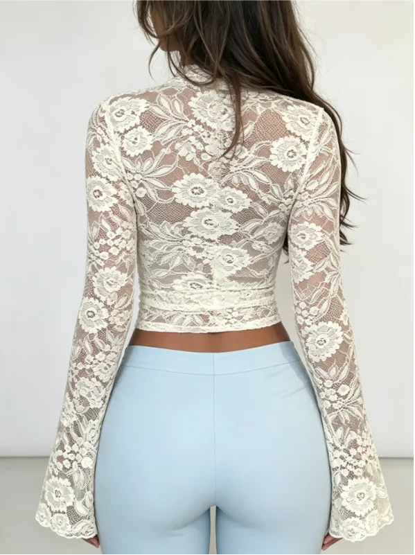 Haut en Maille Ajusté Femme – Dentelle Florale et Manches Évasées