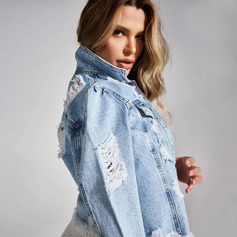 Veste Courte en Jean à Franges et Glands Streetwear pour Femmes