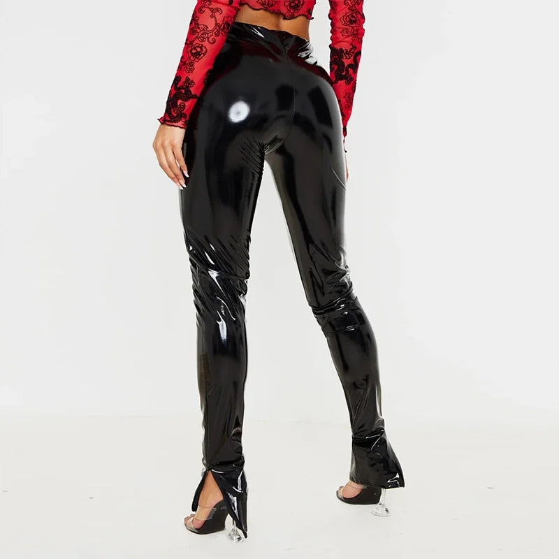 Pantalon Slim en Similicuir Verni à Fentes Latérales