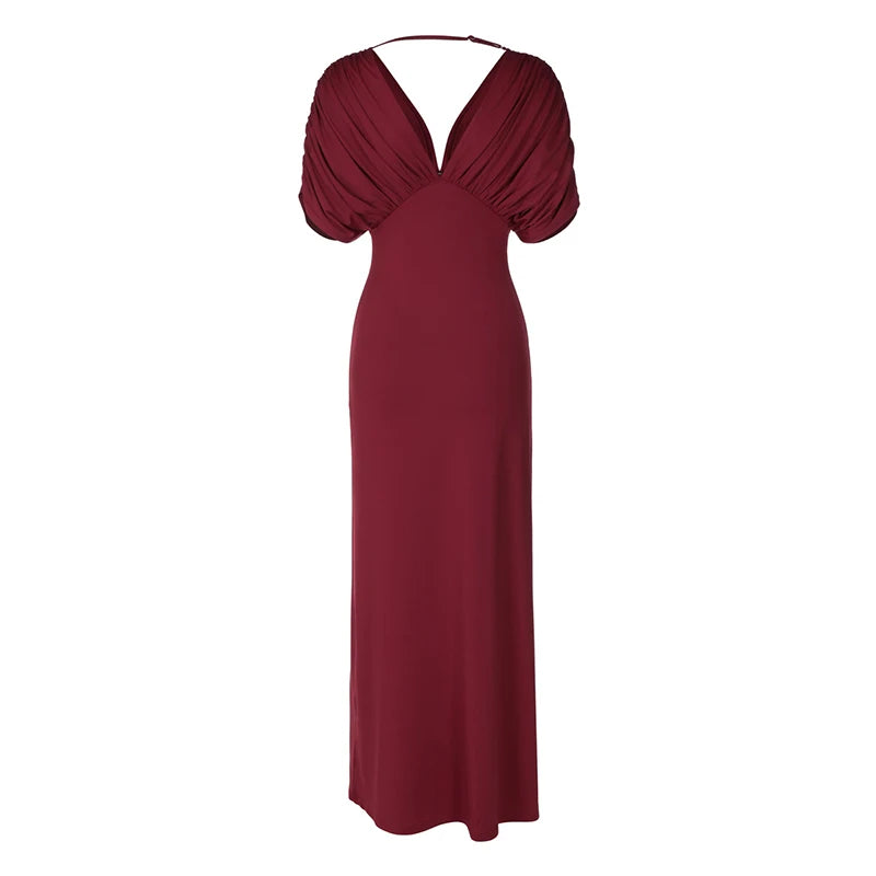 Robe de soirée femme longue à manches plissées et col V