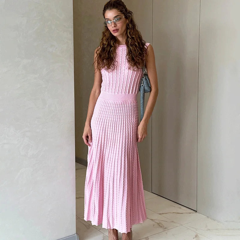 Robe Longue Femme – Maille Unie et Plissée