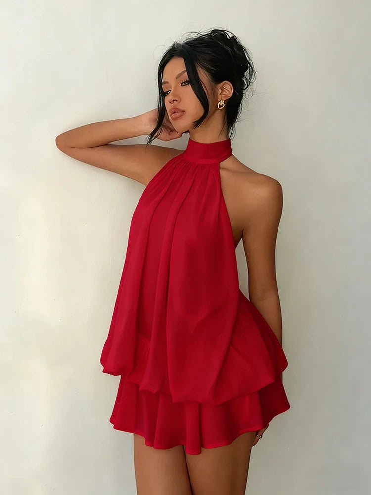 Robe Courte Femme – Mousseline, Col Licou et Dos Nu