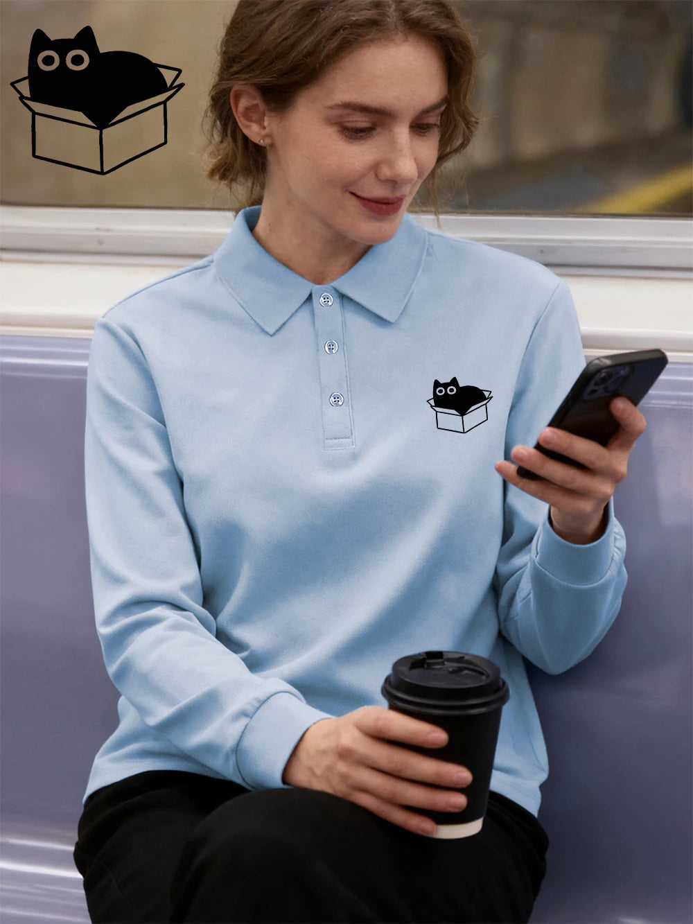 Chemise-Polo Femme – Imprimé Chat Noir