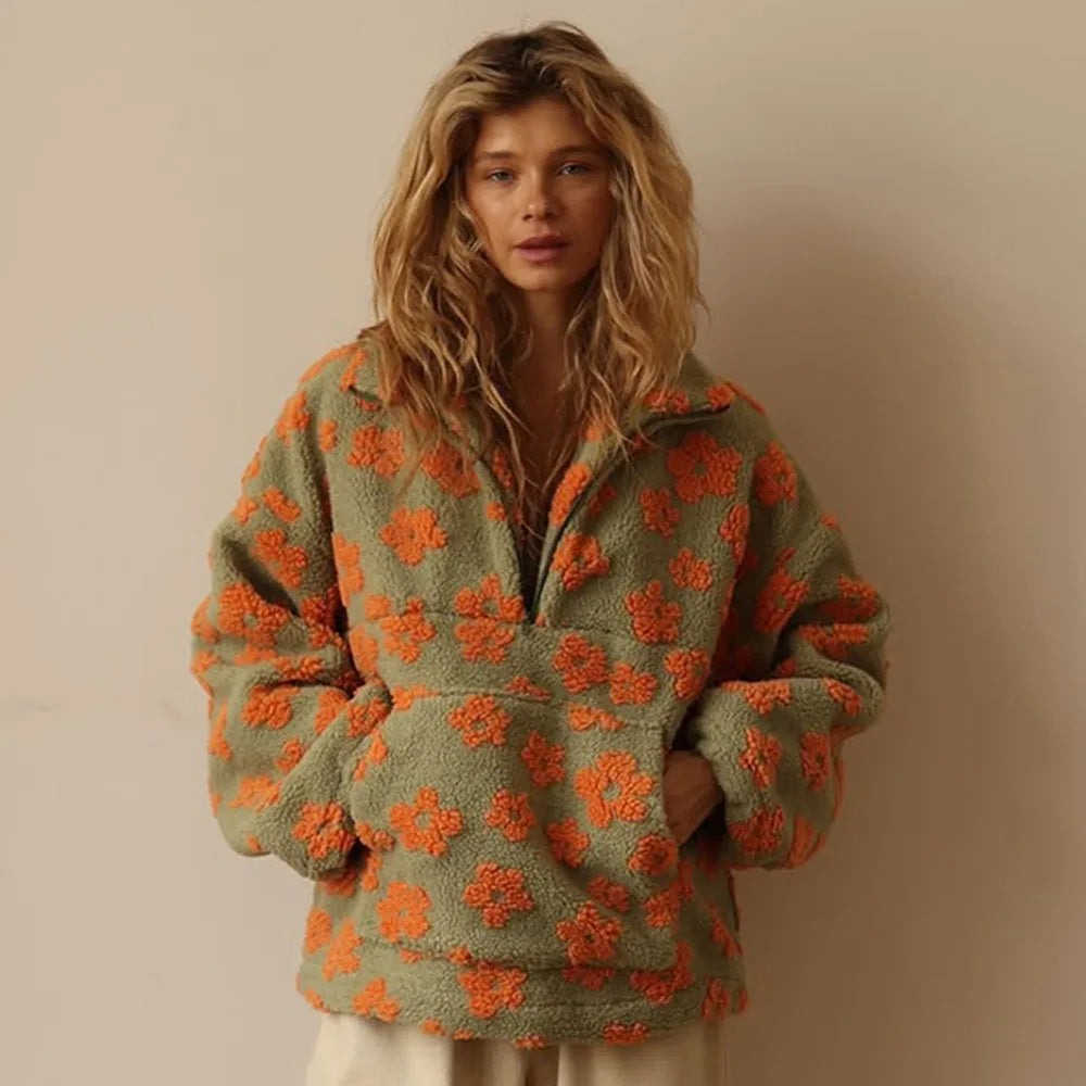Sweat à Capuche Sherpa Femme – Fleurs et Demi-Zip