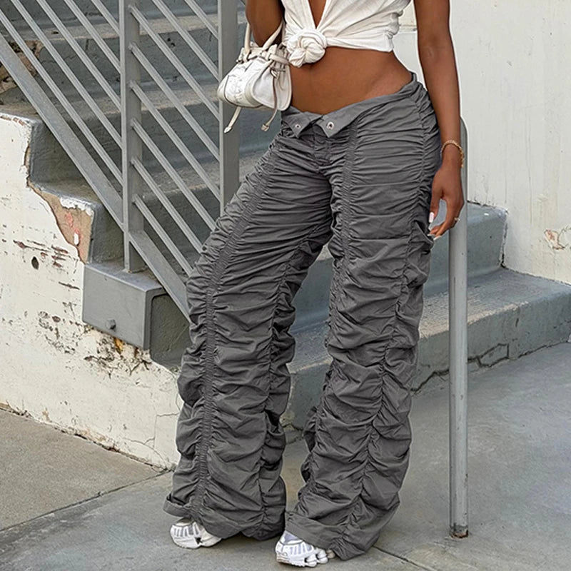 Pantalon cargo plissé taille basse à boucle pour femme