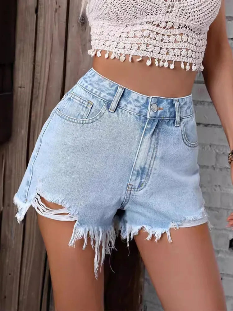 Short en Jean Femme – Taille Haute et Bords Effilochés
