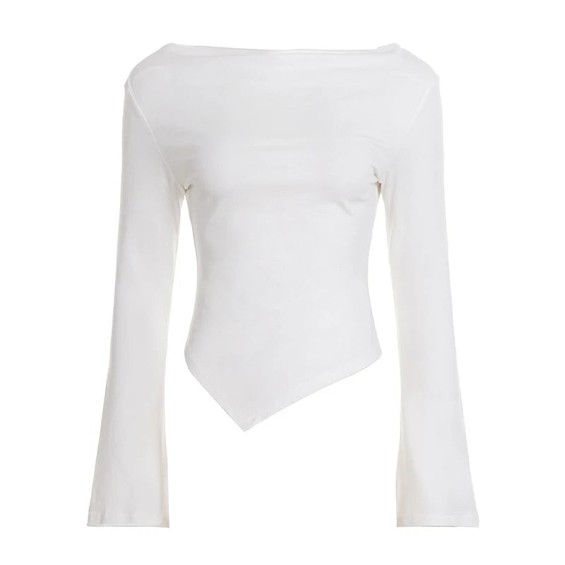 T-shirt femme uni décontracté à col asymétrique