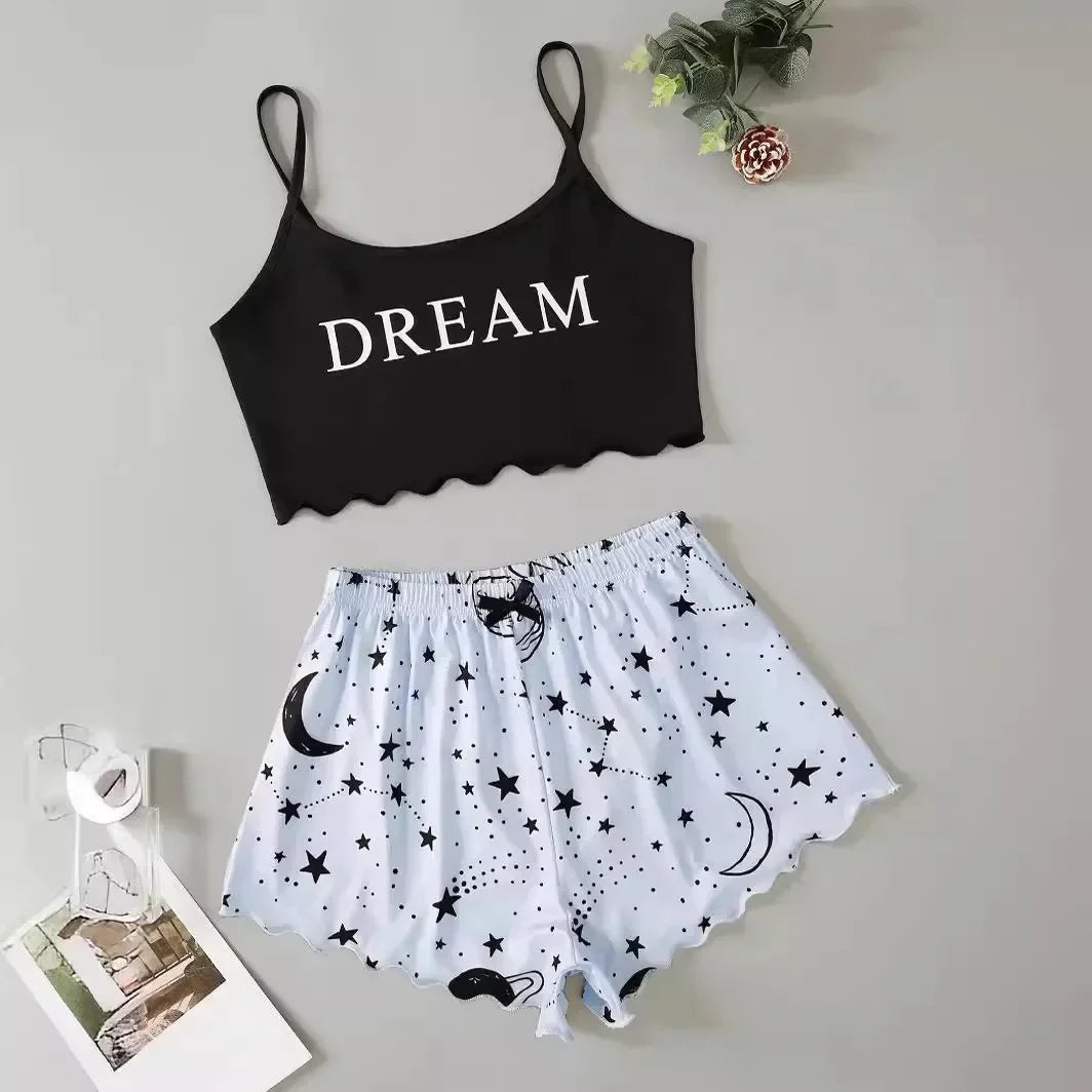 Pyjama Court d’Été Femme – Lune et Étoiles