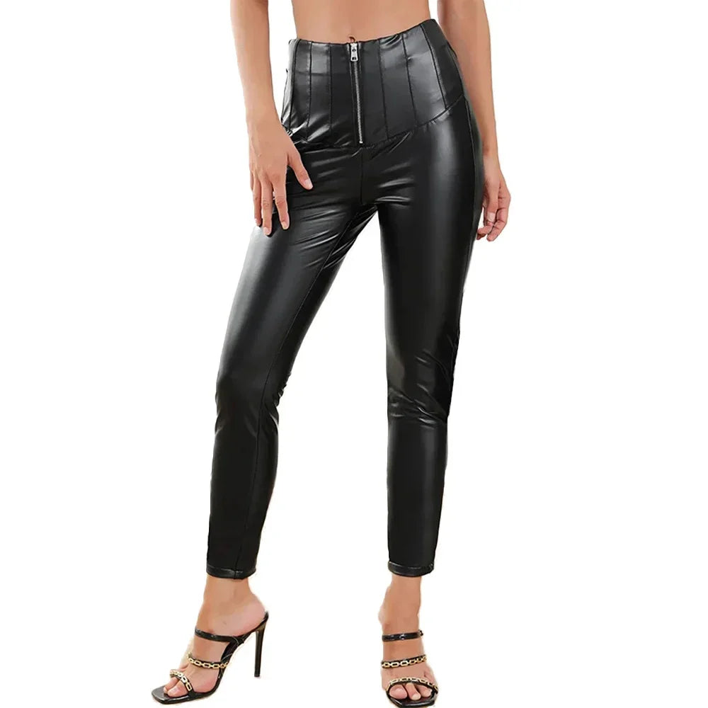 Pantalon Crayon Femme – Similicuir Noir Mat