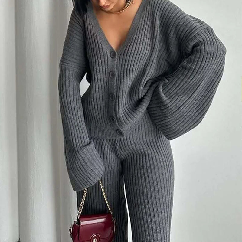 Ensemble femme décontracté en maille côtelée