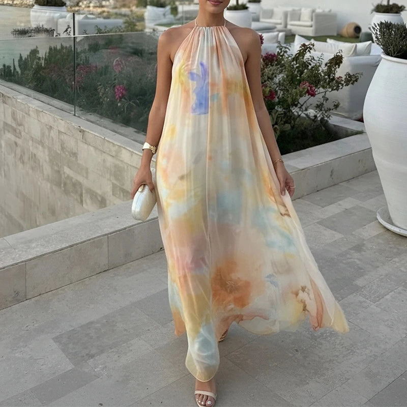 Robe longue tie-dye en maille froncée pour femme