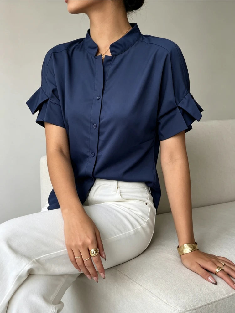 Chemisier Bleu Marine Femme – Col Montant et Manches Courtes