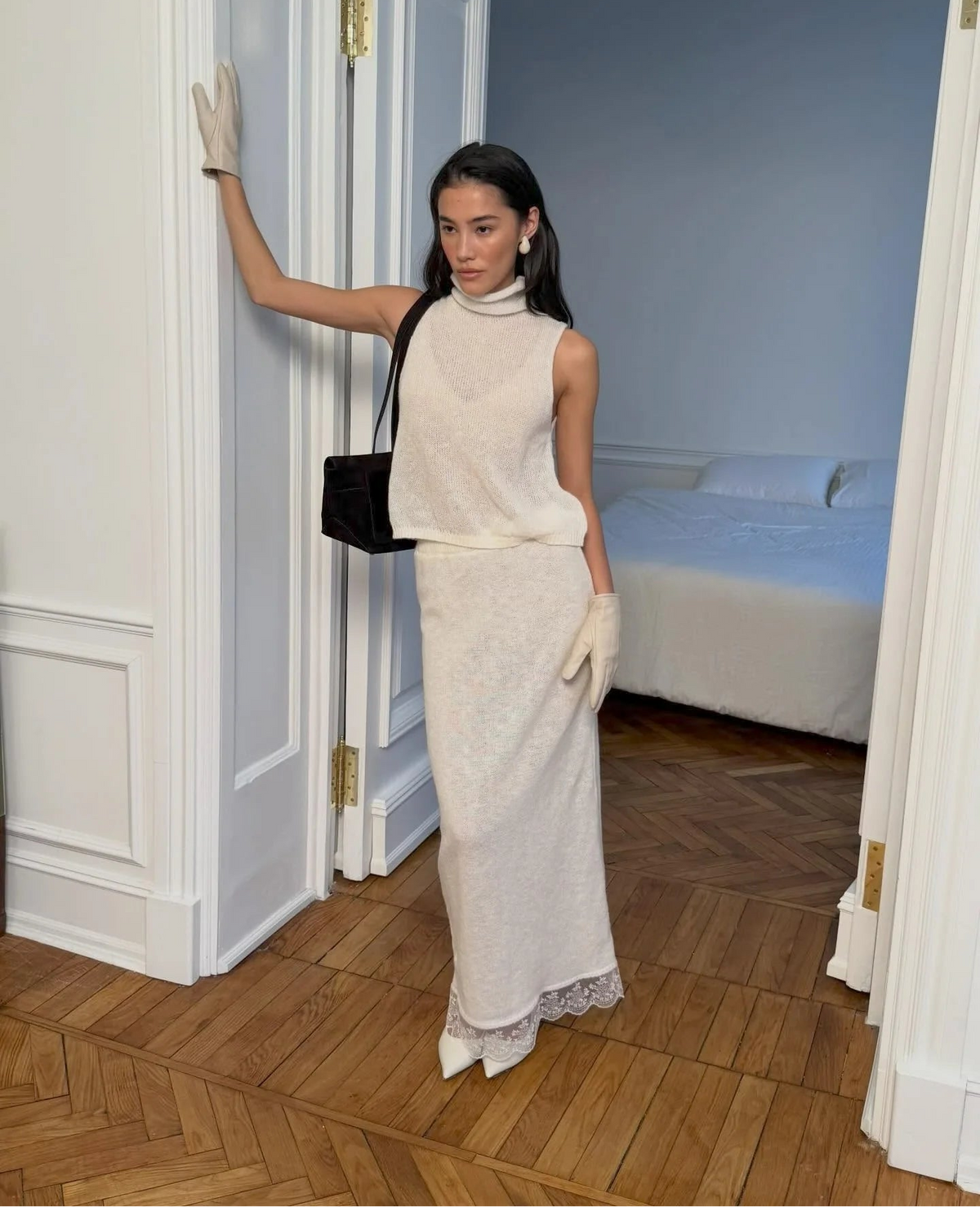 Ensemble 2 Pièces Femme – Haut Col Roulé et Jupe Longue Dentelle
