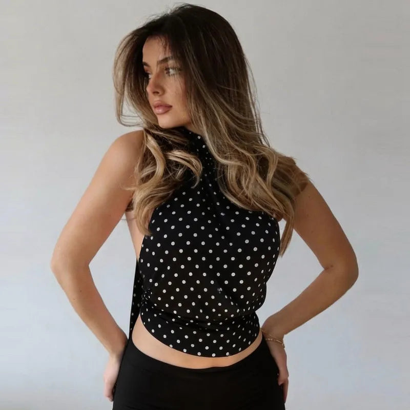 Débardeur court femme noir à pois et dos nu