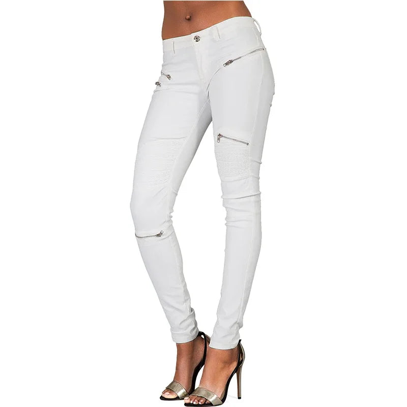 Pantalon Blanc Taille Basse en Similicuir à Détails Zippés