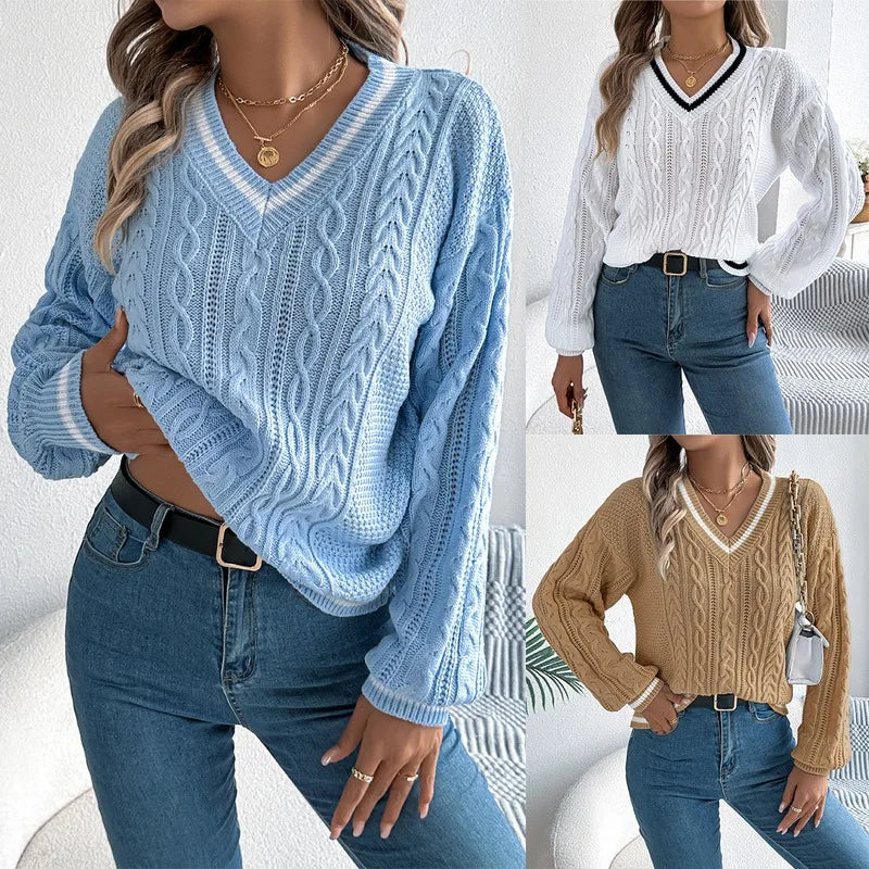 Pull Ample Torsadé Femme – Col V et Color Block
