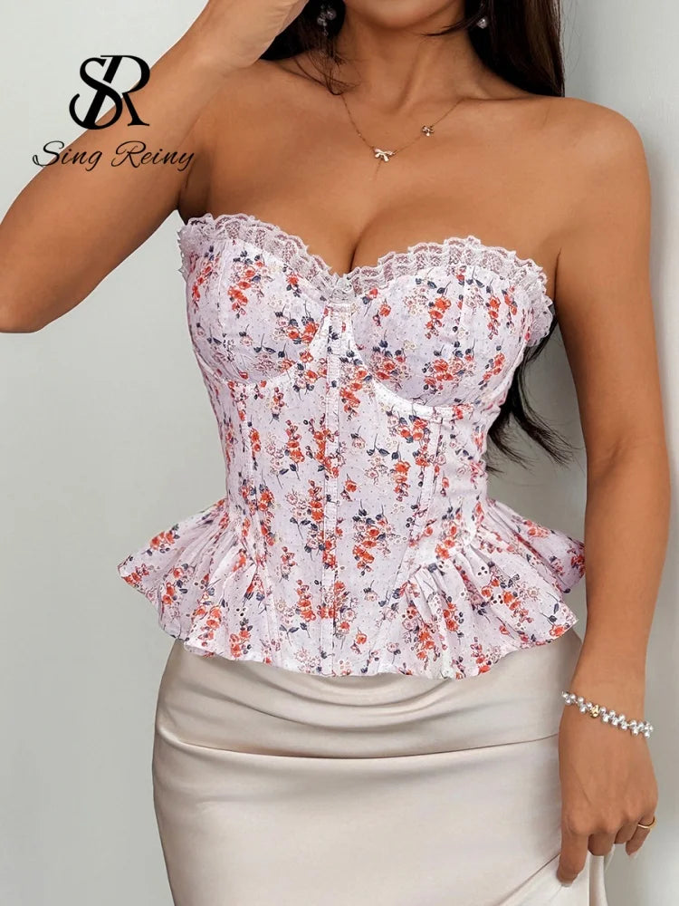 Débardeur Corset Femme – Dentelle Imprimée Sans Bretelles