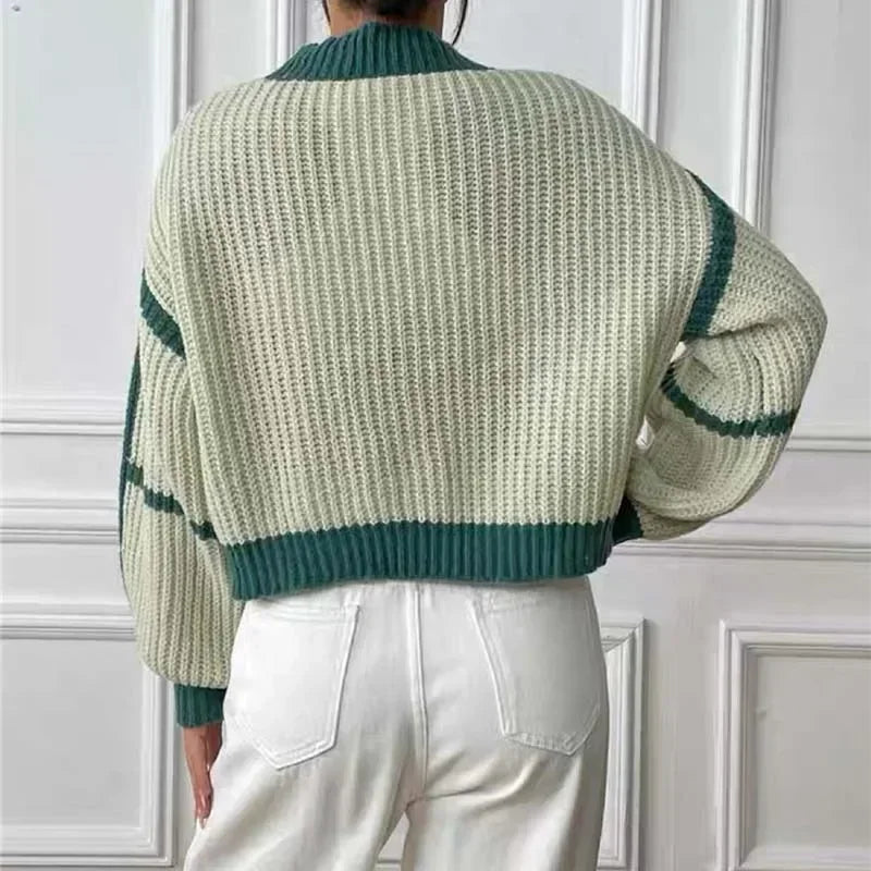 Cardigan Court Femme – Col V et Blocs de Couleurs