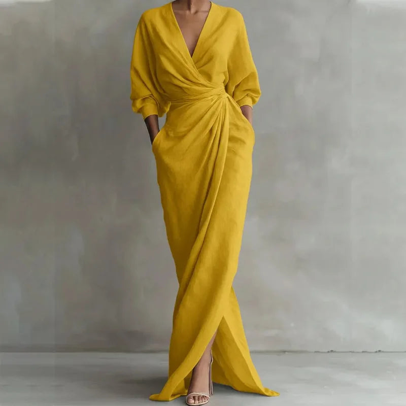 Robe femme longue froncée à col V