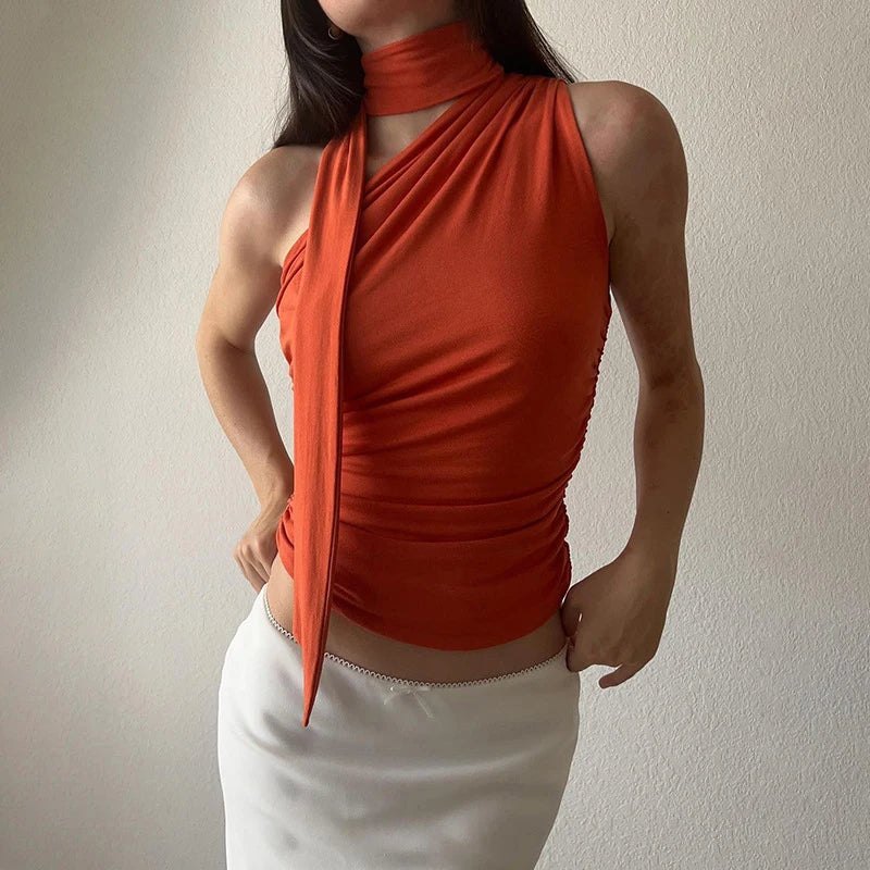 T-shirt Plissé Femme – Col Asymétrique Élégant