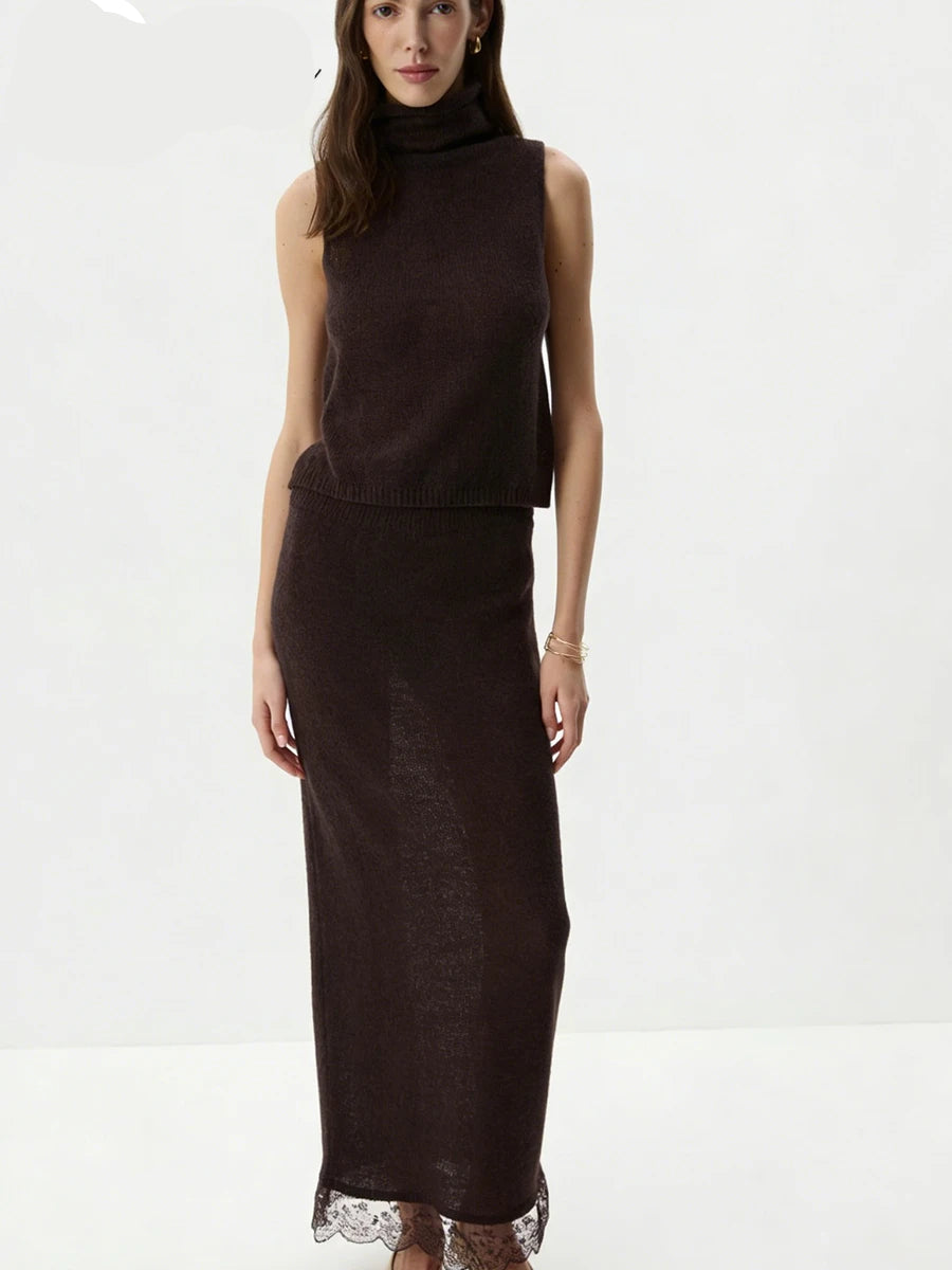 Ensemble 2 Pièces Femme – Haut Col Roulé et Jupe Longue Dentelle