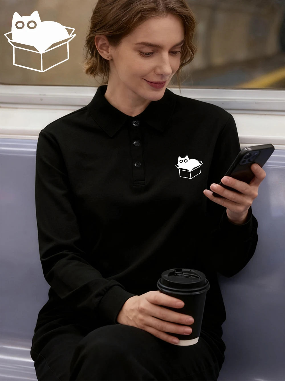 Chemise-Polo Femme – Imprimé Chat Noir