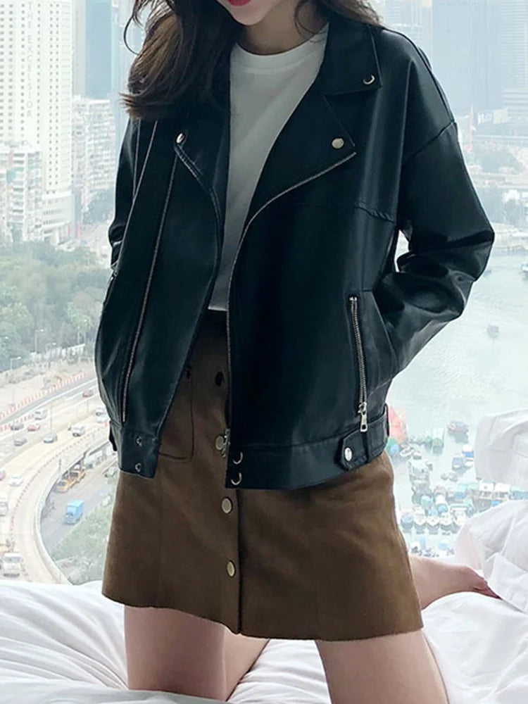 Veste motard femme noire en simili cuir