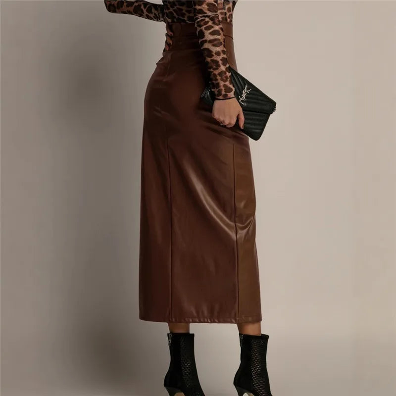 Jupe Midi Femme en Similicuir à Fente Haute
