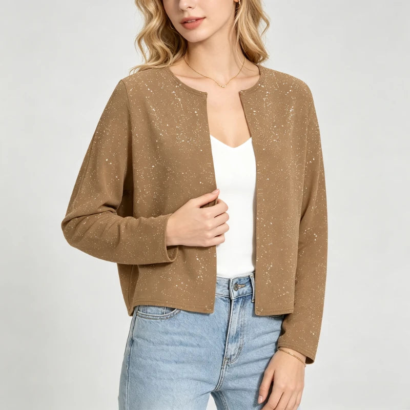 Cardigan Court Scintillant Femme – Col Rond et Manches Longues