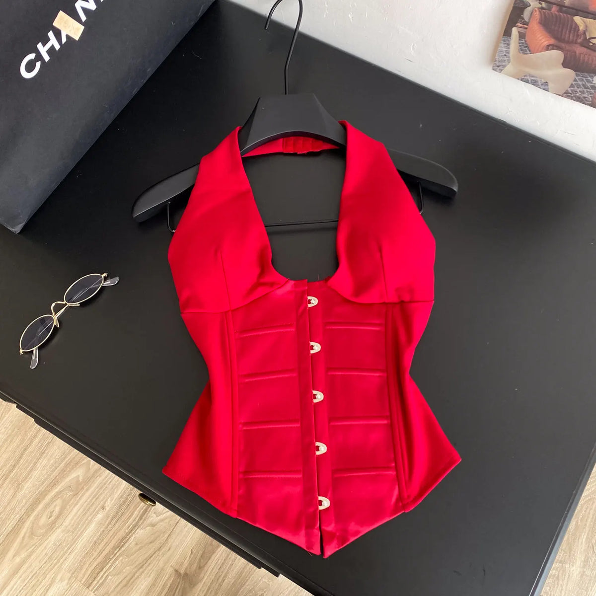 Débardeur Corset Satin Femme – Col Halter