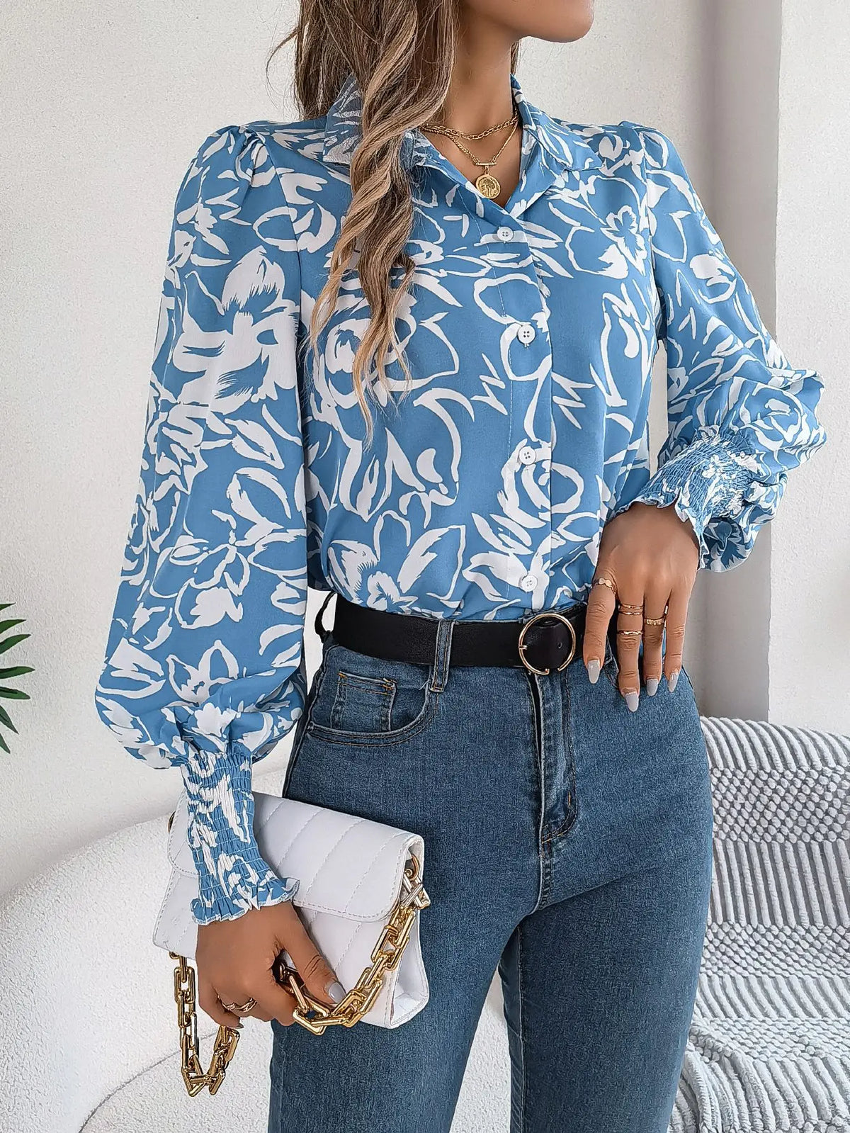 Chemisier Fleuri Femme – Col à Revers Élégant