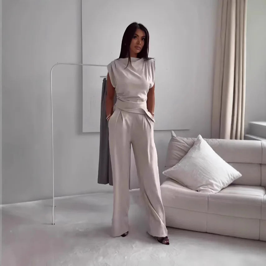 Ensemble 2 Pièces Femme – Haut Asymétrique et Pantalon Large