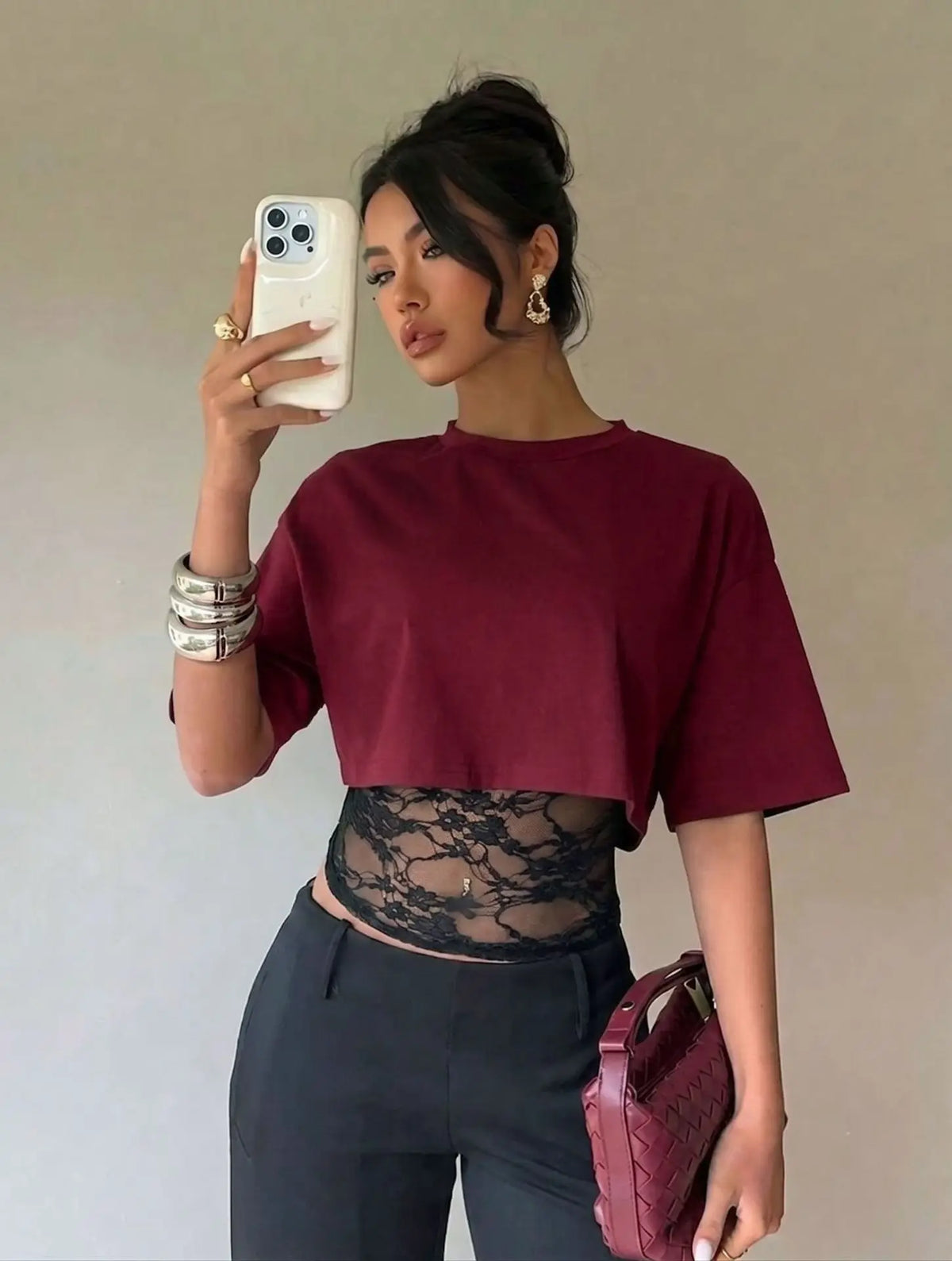 T-shirt Col Montant Femme – Effet Deux Pièces et Dentelle