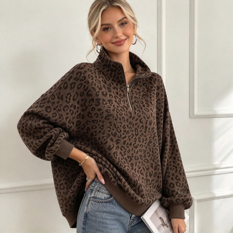 Sweat Léopard Vintage Femme – Col Demi-Zip
