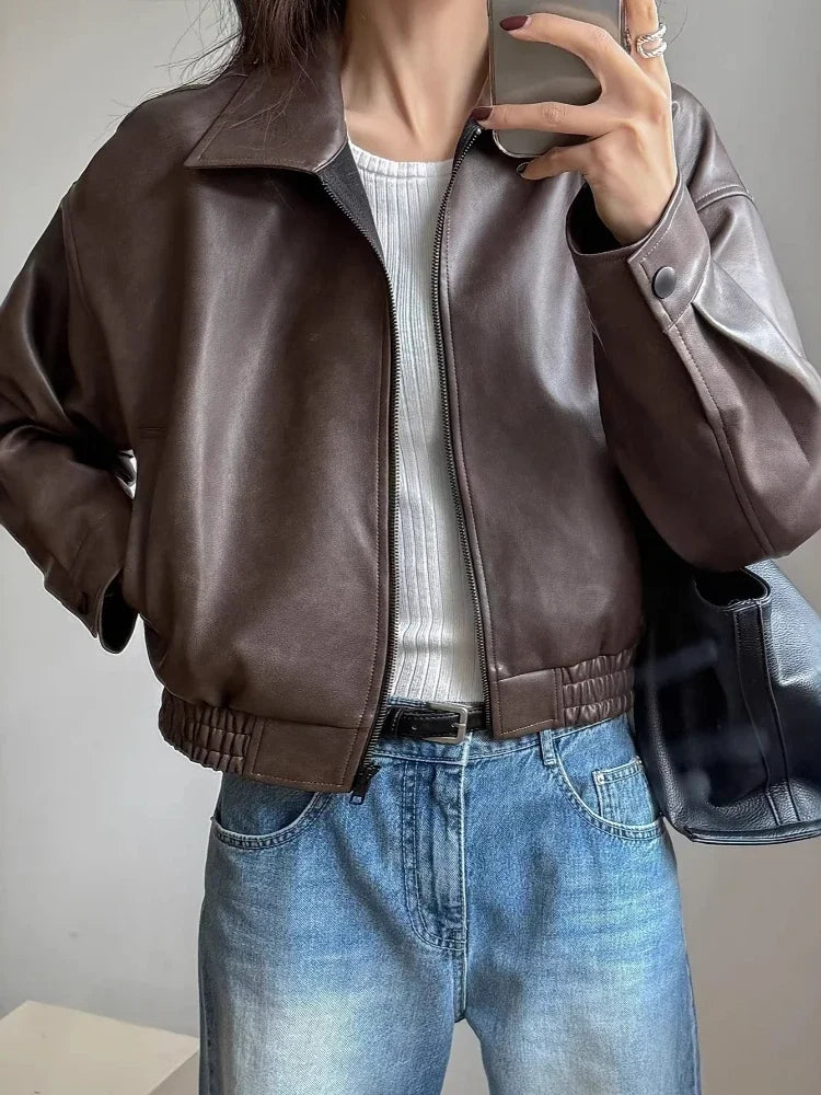Veste Similicuir Femme – Revers et Manches Longues