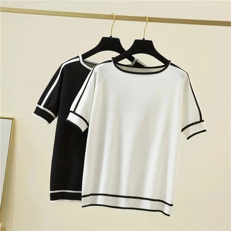 T-shirt en Maille Femme – Col Rond Contrastant