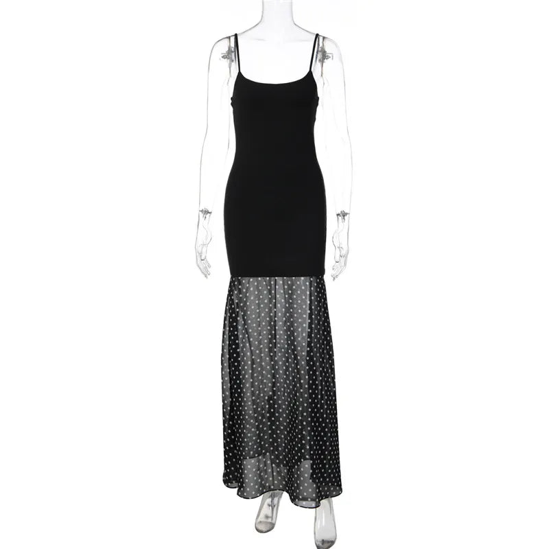 Robe longue femme à pois et fines bretelles