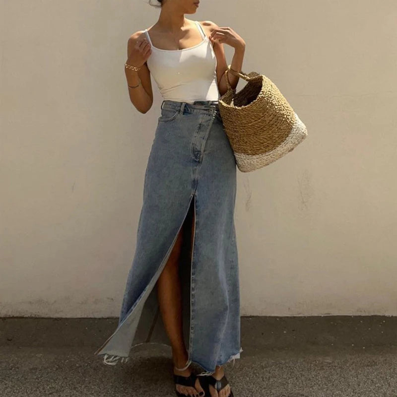 Jupe longue femme en jean vintage à boutons